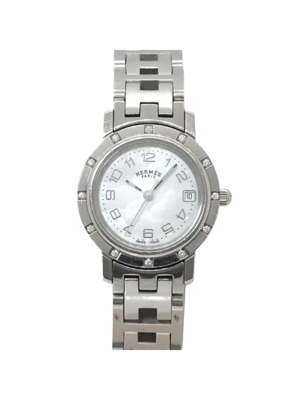 Hermes Cles Cl4 230 Watch Diamond Bezel White Shell Quartz Clipper